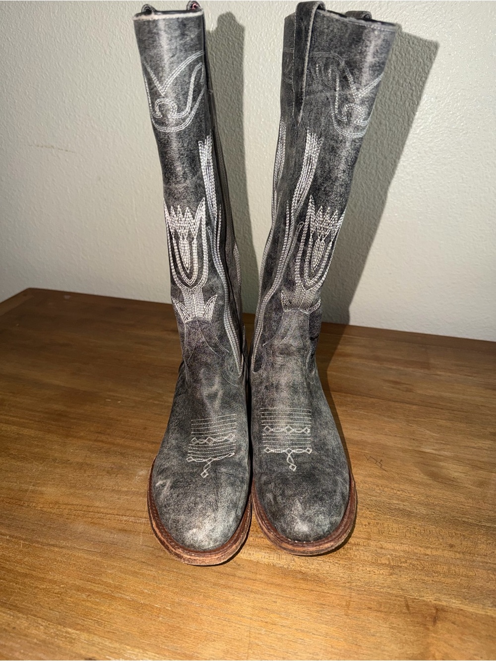 Macie Bean Gray Distressed Tall Western Ankle Boots with White Stitching
